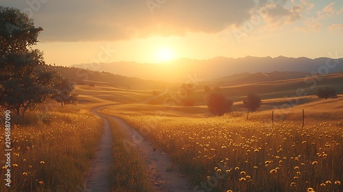 A winding dirt path leads through a sun drenched meadow filled with wildflowers towards distant mountains at sunset