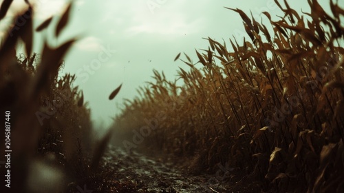 A path through a golden field.  Misty, late afternoon