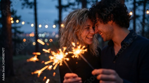 Young couple in love holding sparklers together in forest at night with blurred trees and golden bokeh lights creating romantic and magical atmosphere for celebration