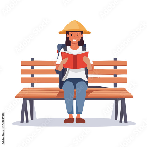Woman with backpack reading a book on a bench