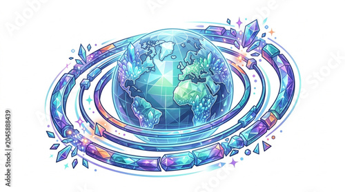 Quadro em tela Stylized Earth with Cosmic Rings and Crystals.