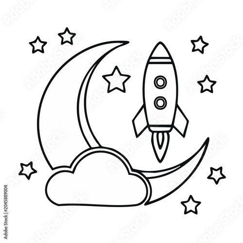 Outline illustration of a rocket ship flying past the moon with stars