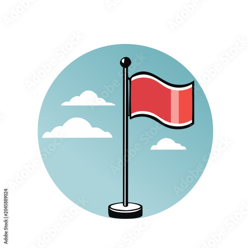 Red flag on a pole with clouds in the sky