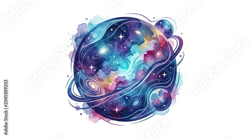 Foto Vibrant Watercolor Galaxy Planet with Swirling Nebulae and Stars.