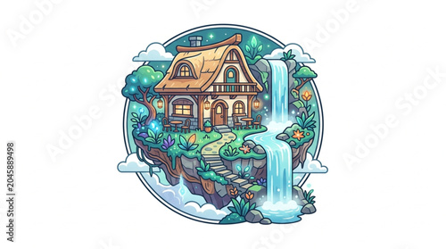 Whimsical fantasy house on a floating island with a waterfall.