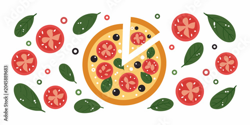 Foto Margherita Pizza Illustration With Sliced Tomatoes And Basil Leaves