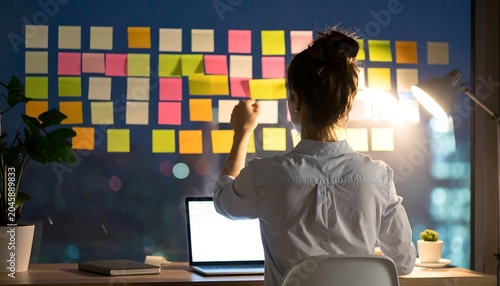 Woman at desk with sticky notes on window, working at night with laptop & desk lamp, back view of her bun hairstyle