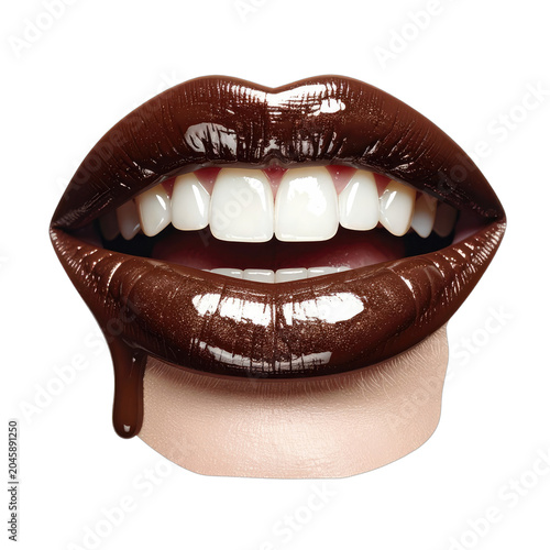 A close-up shot of a woman's open mouth with glossy chocolate lipstick and white teeth.