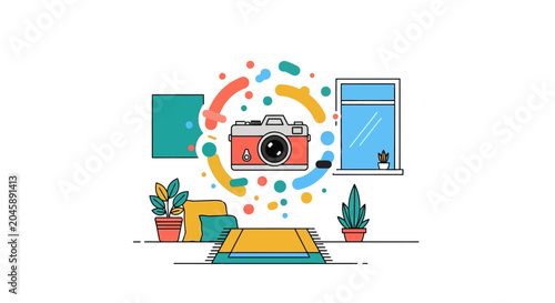 Bild auf Leinwand Camera surrounded by colorful abstract shapes