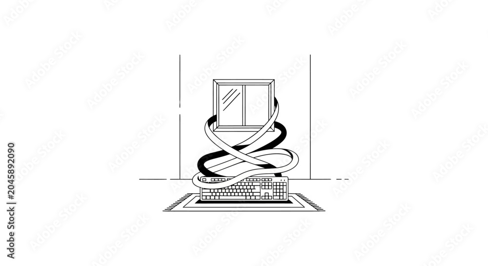 Fototapeta premium Computer screen and keyboard tangled in wire