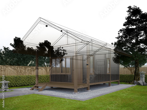 3d rendering of  japanese wood  house  , 3d rendering wire frame