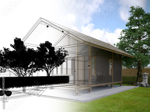 3d rendering of  japanese wood  house  , 3d rendering wire frame