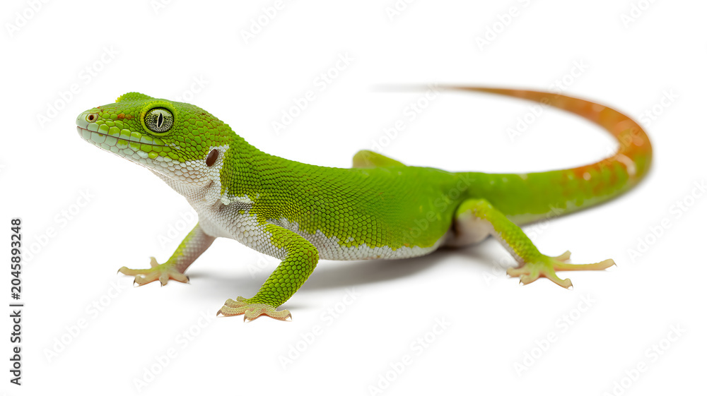 Fototapeta premium A vibrant green lizard with an orange tail stands on a white background