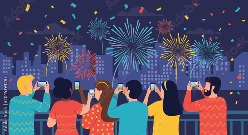 People watching fireworks display over city skyline at night, capturing moments on smartphones