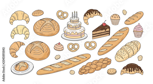 Hand Drawn Bakery Items Set with Bread Cakes and Pastries