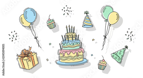 Hand Drawn Birthday Celebration Elements Set with Cake and Balloons