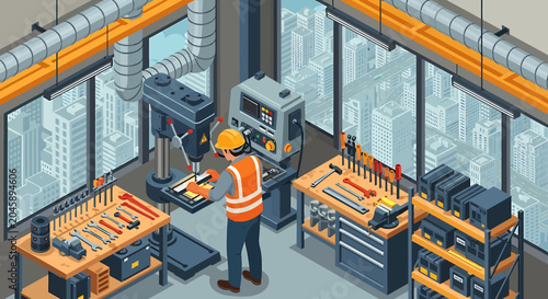 Man in hard hat and vest working.