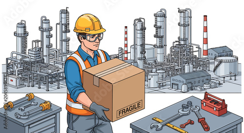 Man in hardhat holding cardboard box.