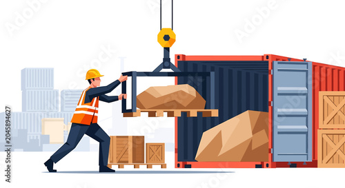 Man in hardhat moving heavy cargo.