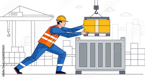 Man in hardhat moving heavy box.