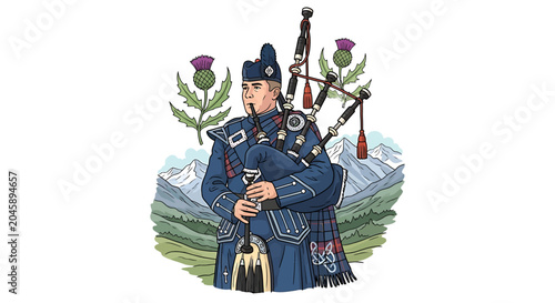 Man in traditional Scottish kilt playing.
