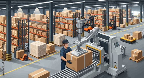 Man operating cardboard box scanner machine.
