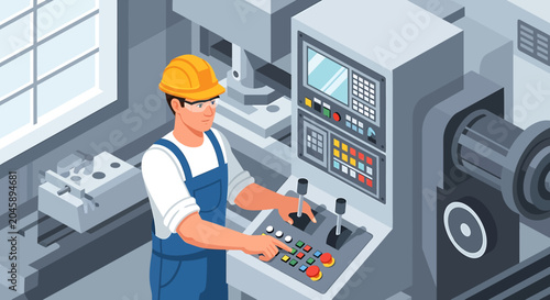 Man Operating Industrial Machine Control Panel.
