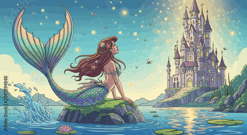 Mermaid sitting on rock fantasy creature.