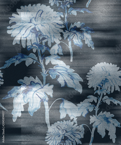Grey monochrome seamless pattern with floral sillouettes of chrysanthemums with blurred vision effect on dark background. Floral design for home decor, wallpaper, bedding, textile, fabric, poster