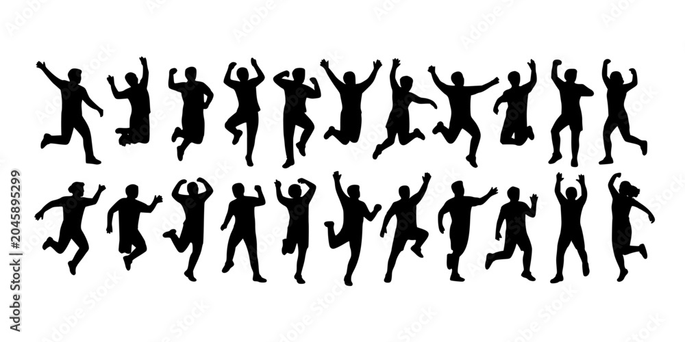 Obraz premium People Jumping in Various Poses, Black Silhouettes on White Background, Celebrating and Dancing Featuring Celebration, Joy, Happiness with Fun