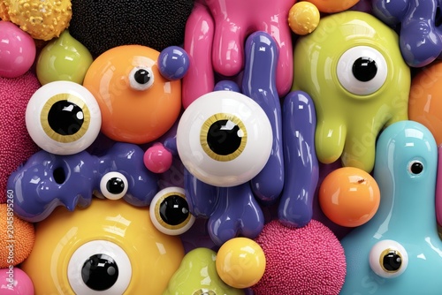 An abstract composition features colorful organic shapes accented by a playful toy eye creating a whimsical artistic design