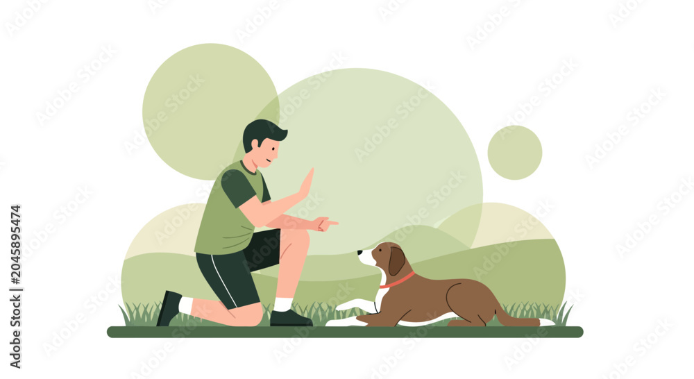 Fototapeta premium Man training dog outdoors, teaching obedience commands, positive reinforcement, happy pet owner and companion