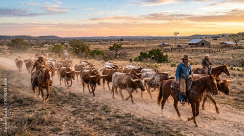 Cowboys Herding Cattle Across Vast Open Range at Golden Hour Sunset With Horses