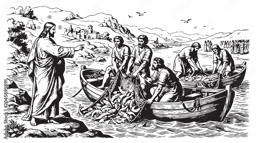 Naklejka premium Jesus calling fishermen biblical scene vintage engraving style with fisherman religion christian