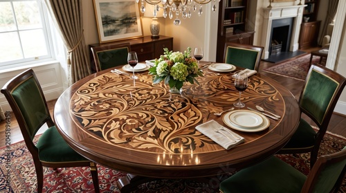 legant Dining Room With Intricate Wooden Table and Green Chairs