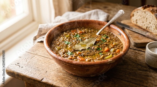 Hearty Bean Soup in Earthenware Bowl With Bread and Salt
