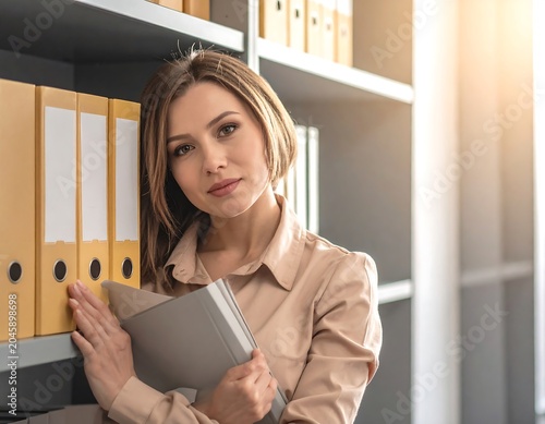 Woman, brown hair, light blouse, holding folder near yellow-labeled folders on gray shelves, sunlight
