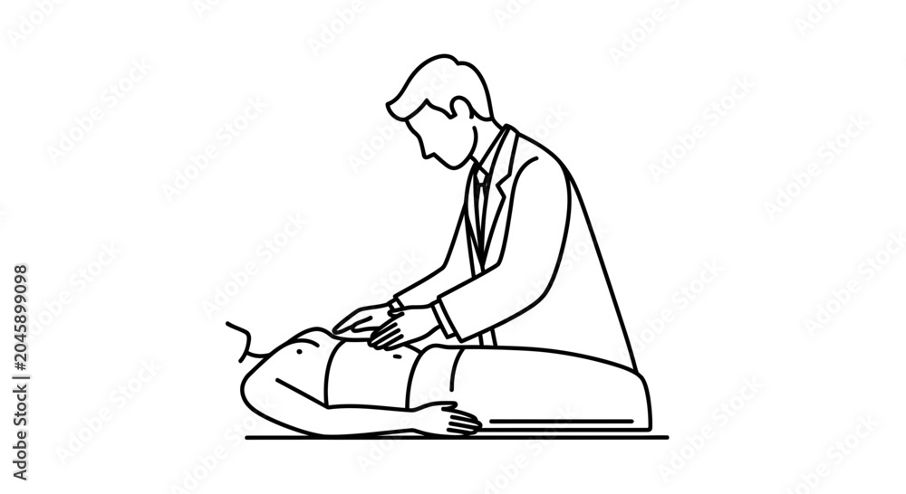 Obraz premium Doctor examining patient's abdomen, medical checkup, healthcare concept, line art illustration
