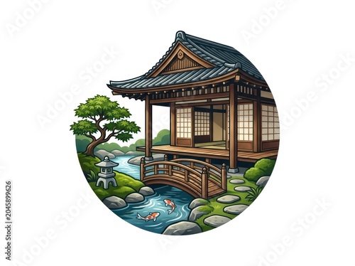 Pixel art circular illustration of traditional Japanese garden house with wooden bridge koi pond bonsai and stone lantern