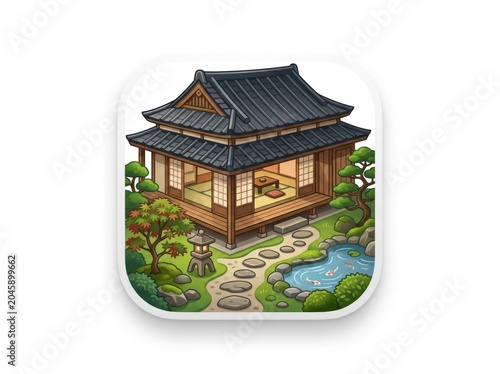 Pixel art of traditional japanese house with zen garden stone path koi pond and bonsai tree for mobile game interface