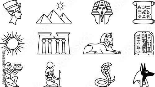 Obraz na plátne Ancient Egypt history and mythology linear icon set with pyramid sphinx pharaoh culture symbols collection