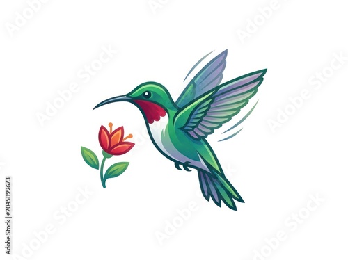 Pixel art style hummingbird flying near a blooming flower for gaming or retro design projects nature wildlife illustration