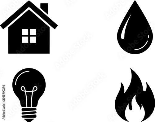 Home Utility Icons Set For House Energy Water Electricity And Gas Supply Vector Silhouette Elements