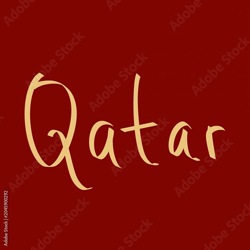 Word Qatar in gold cursive on maroon background
