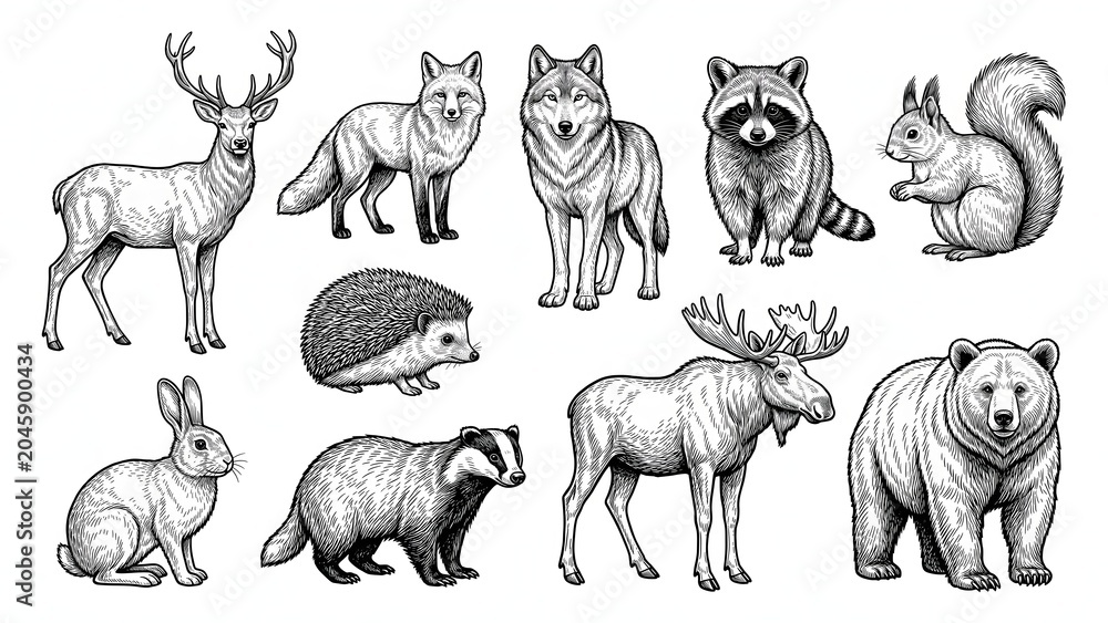 Fototapeta premium Forest wildlife and woodland animals line art engraving for coloring page 