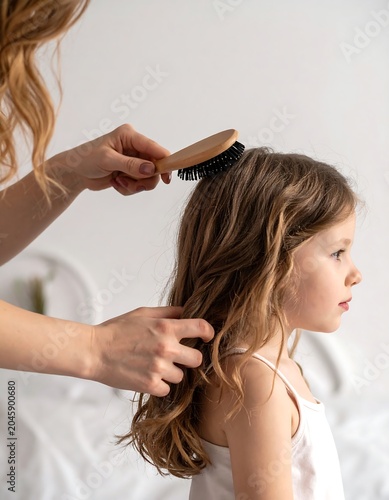 Woman brushes long curly hair of a small girl in profile, bedroom interior