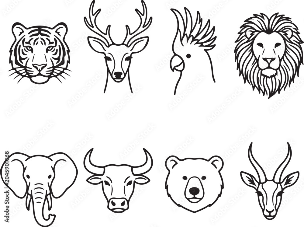 Obraz premium Educator compiling illustrated guide of endangered species featuring detailed animal heads such as rhino, elk, bison, and antelope for wildlife awareness programs.