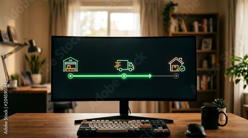 Logistics tracking interface on computer monitor, delivery status progress bar on desktop screen, e-commerce shipping concept in home office