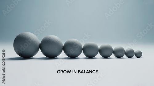 A sequence of textured grey spheres arranged by diminishing size creates a minimalist composition featuring soft shadows and clean lighting.