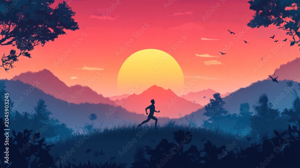 Fototapeta premium Silhouette of a runner at sunrise over mountains